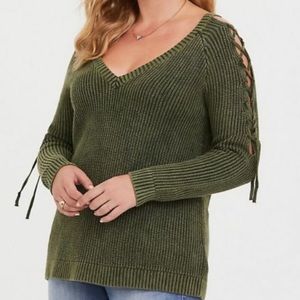 Torrid 100% cotton olive green knit V neck sweater.